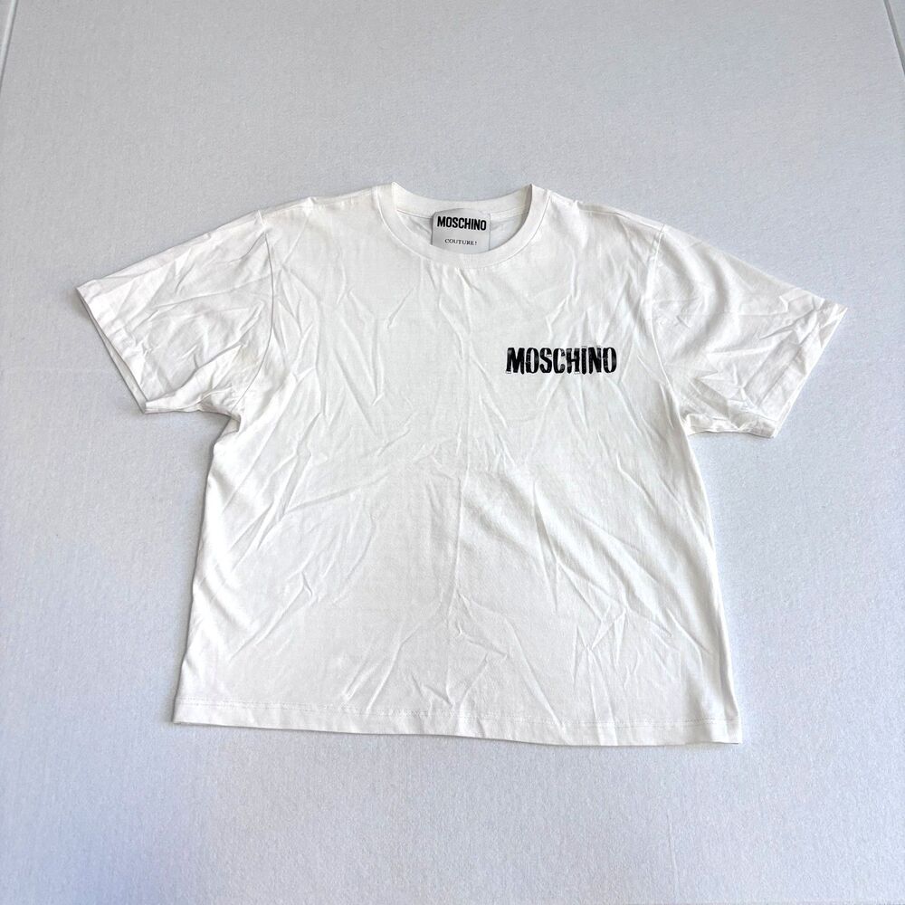 Moschino Couture! Belt Logo Graphic T-Shirt US 42 / L White Short Sleeve Boxy
